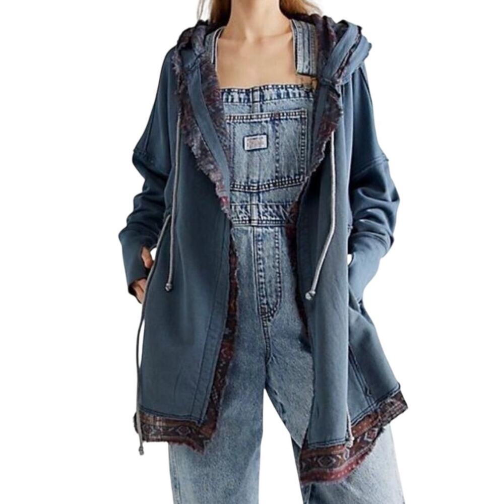 Free People Ritual Cardigan Hooded Womens S Trident Stone Slate Blue Tie Closure